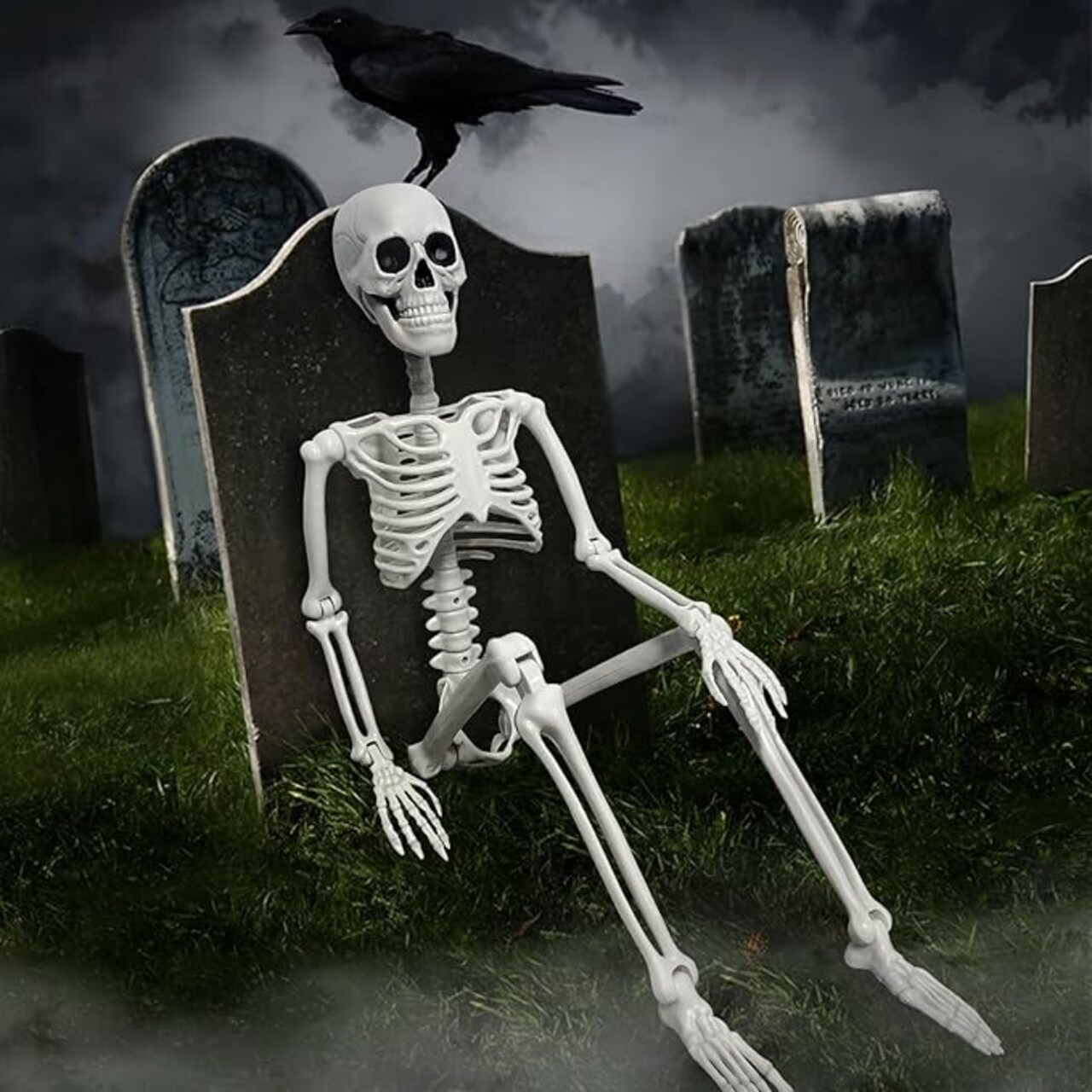 36'' Full Body Posable Skeleton Halloween Decor with Movable Joints, Plastic Skeleton Decor for Haunted House Graveyard Props Yard Outdoor Indoor